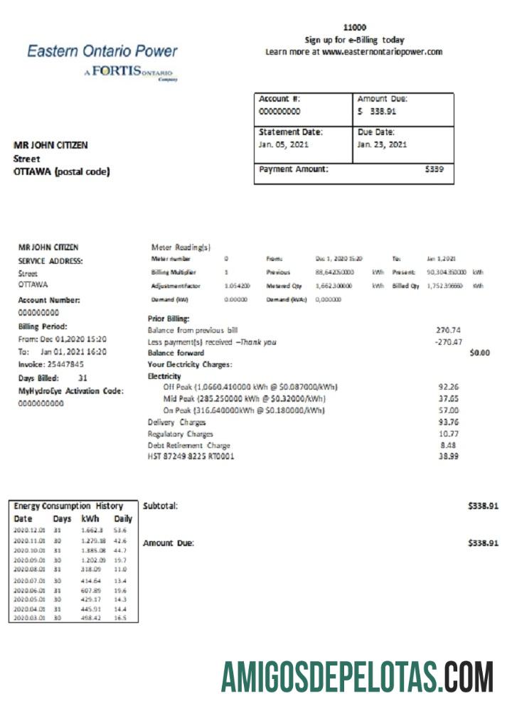 Projeto de lei de serviços públicos de energia do leste do Canadá em Ontário amostra